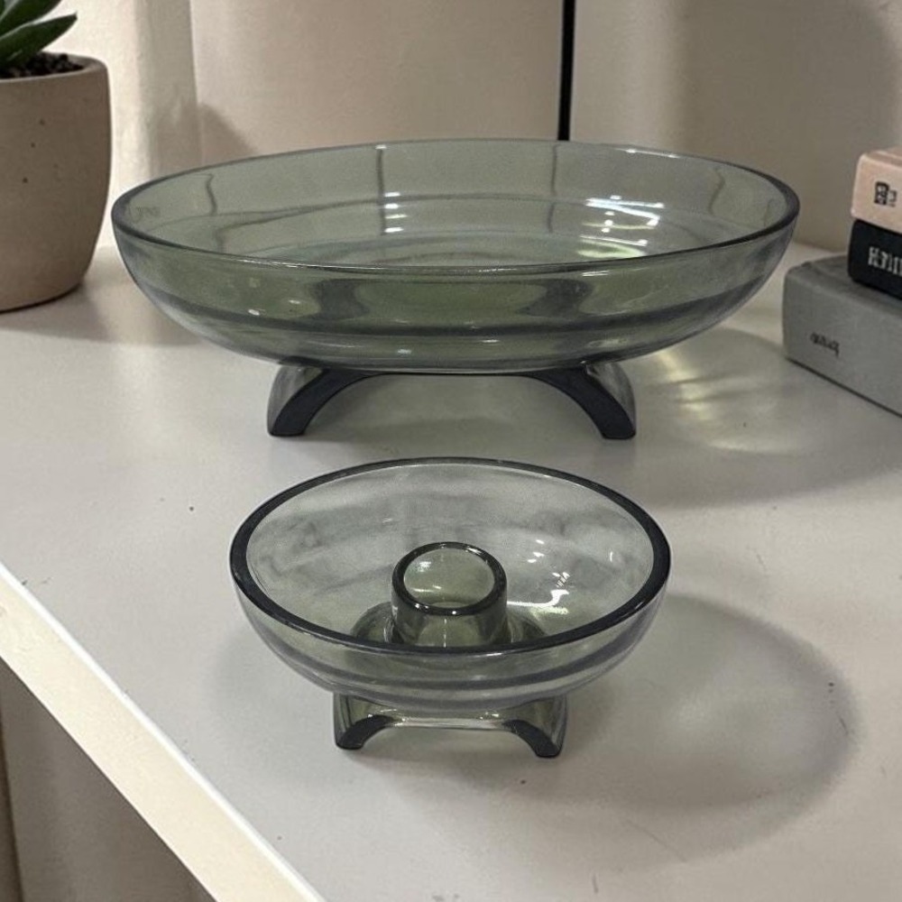 Viking Glass Oval Scroll Console Bowl & Votive, Vintage Two Piece Set, MCM Decor